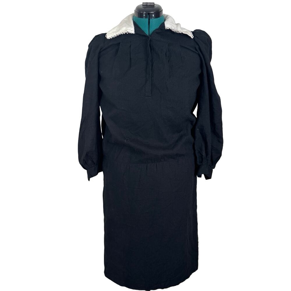 VNTG 80s Black Drop Waist Dress White Lace Collar Wednesday Addams Goth Grunge